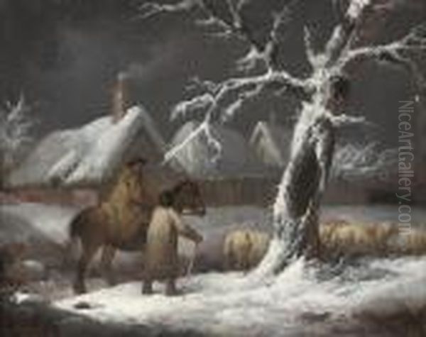 A Winter Landscape With Figures And Their Sheep On A Track Oil Painting by George Morland