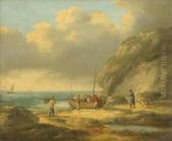 Setting Out, Beach Scene With Fishermen And Dog Oil Painting by George Morland