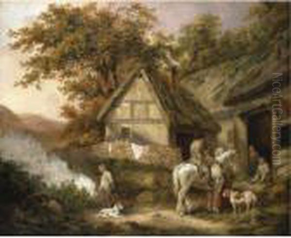 A Traveller Resting At A Cottage With A Boy Burning Weeds To The Left Oil Painting by George Morland