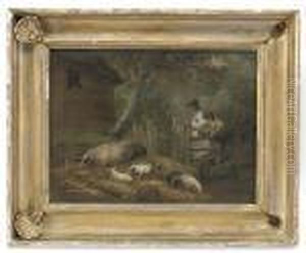 Depicting Two Figures Admiring Their Pigs In A Gilt-wood Frame Oil Painting by George Morland