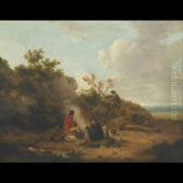 Stable Interior; Soldier And Gypsies Around A Campfire Oil Painting by George Morland