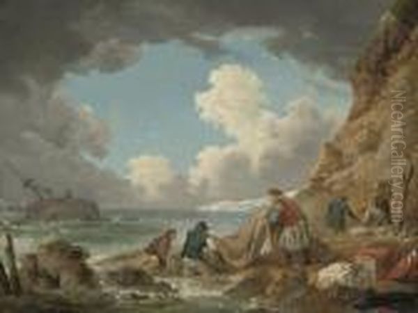 A Coastal Inlet With A Ship Wreck And Wreckers On The Shore Oil Painting by George Morland