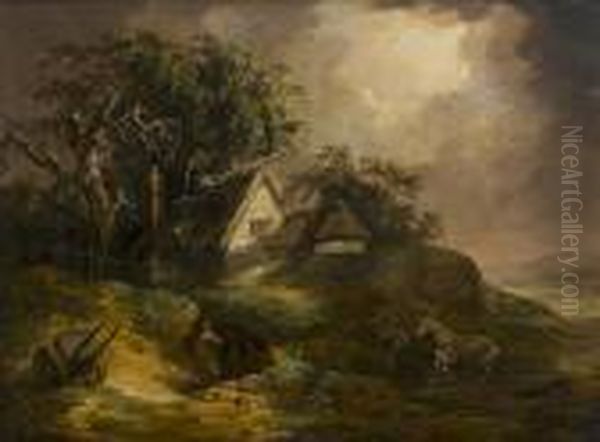 A Stormy Landscape With Farmers Seeking Shelter And A Horse Frightened By Lightning Oil Painting by George Morland