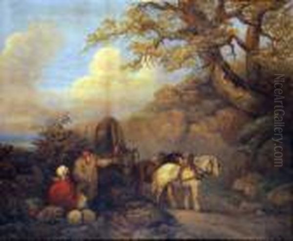 Figures Resting And In Conversation, With Heavy Horses Oil Painting by George Morland