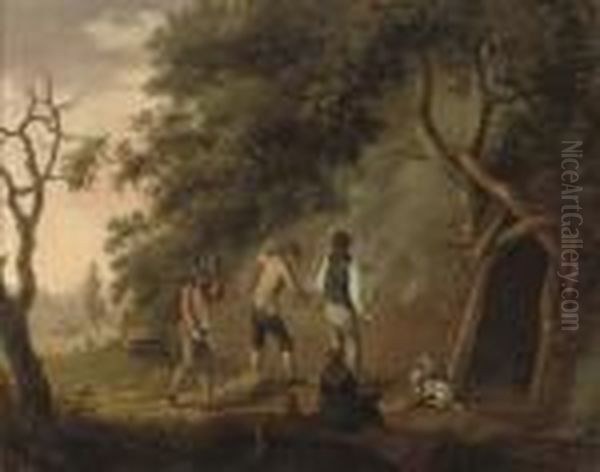 A Wooded Landscape With Figures In A Clearing Stoking A Kiln Oil Painting by George Morland