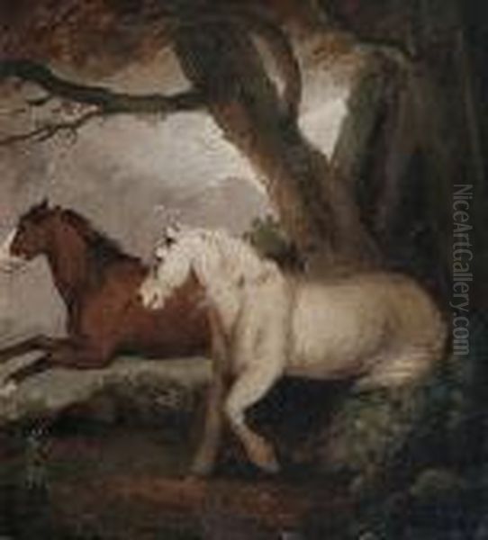 Two Horses In A Landscape Oil Painting by George Morland