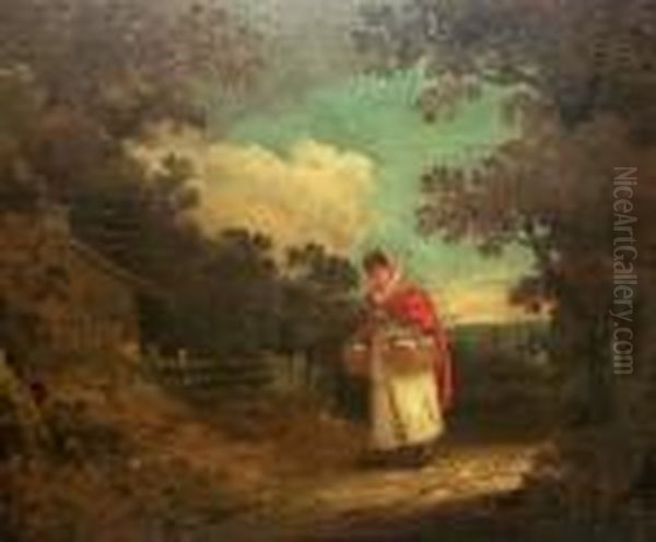 Woman Carrying A Basket By A Cottage In A Wooded Landscape Oil Painting by George Morland