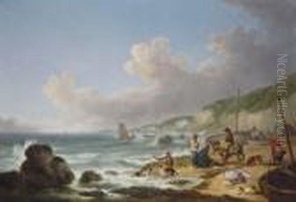 A View Of Gurnhards Bay, Near Cowes, Isle Of Wight, With Fisherfolk On The Shore Oil Painting by George Morland