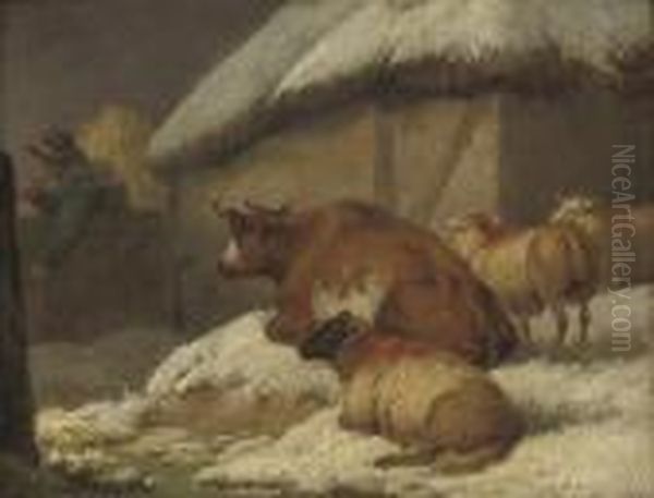 A Winter Landscape With Sheep And A Cow Oil Painting by George Morland