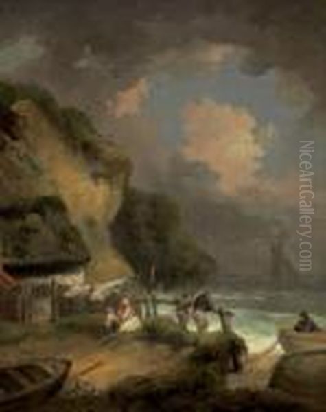 A Rocky Coast With Fishermen By A Cottage Oil Painting by George Morland