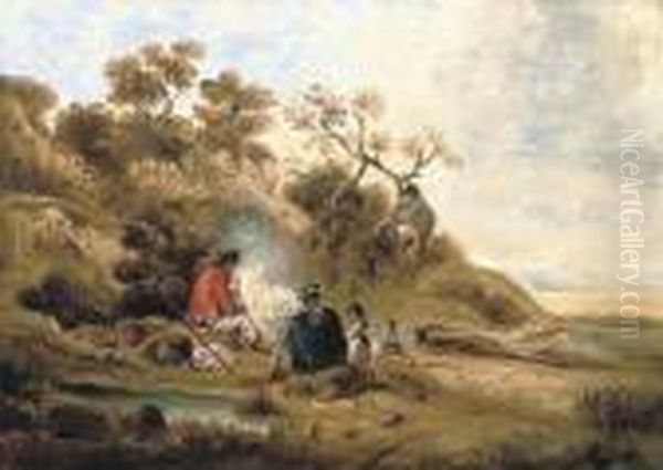 A Wooded River Landscape With Figures By A Camp Fire Oil Painting by George Morland