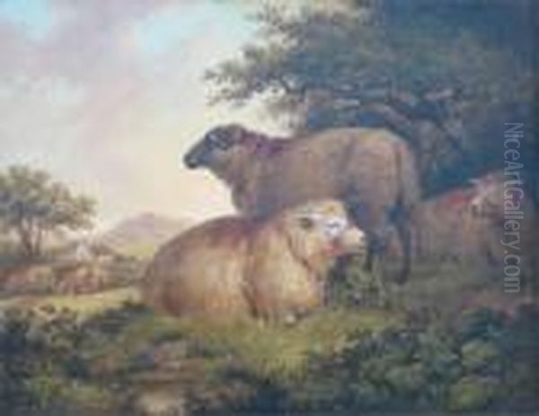 Sheep By A Wood A Cottage Beyond Oil Painting by George Morland