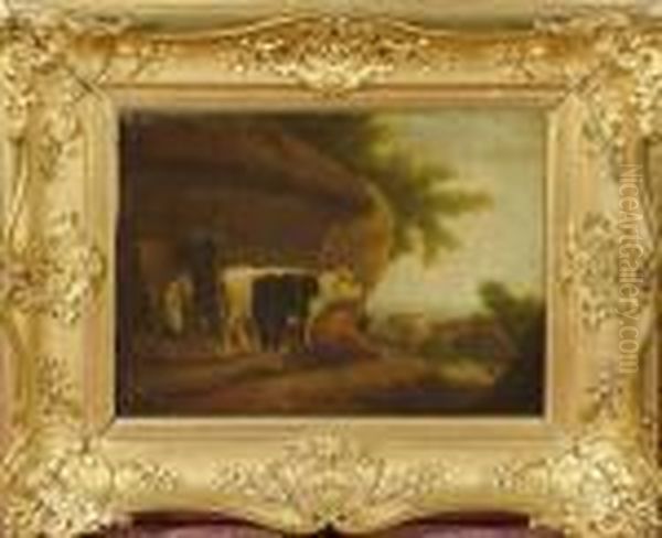 Cattle By A Barn Watched Over By A Farmer And His Wife. Oil Painting by George Morland