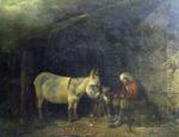 Farrier At Work, A Donkey Anddog Looking On Oil Painting by George Morland