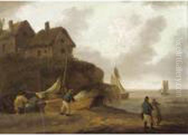 Fishermen Repairing Their Boats On The Shore Oil Painting by George Morland