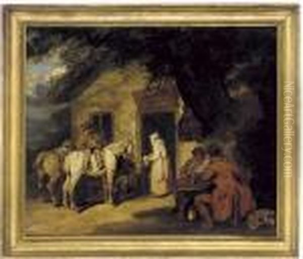 Figures And Horses Outside An Inn Oil Painting by George Morland