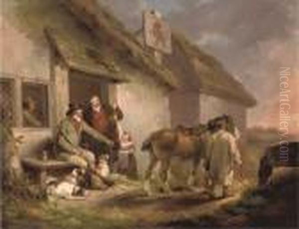 A Game Keeper With Other Figures, Dogs And A Horse Outside The Red Lion Inn At Sunset Oil Painting by George Morland