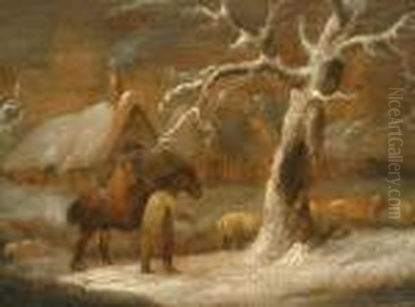 A Winter Landscape With A Figure On Horseback. Oil Painting by George Morland