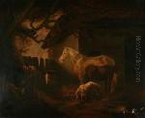 Farmyard Scene With Stable Boy And Animals. Oil Painting by George Morland