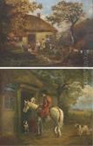 Together With Figures Before A Thatched Cottage Oil Painting by George Morland