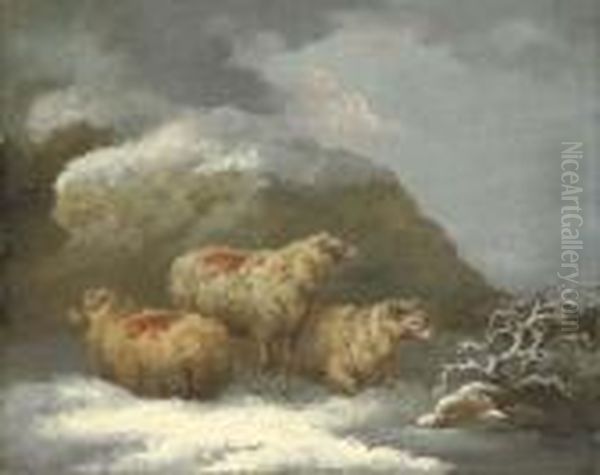 Sheep In A Winter Landscape Oil Painting by George Morland