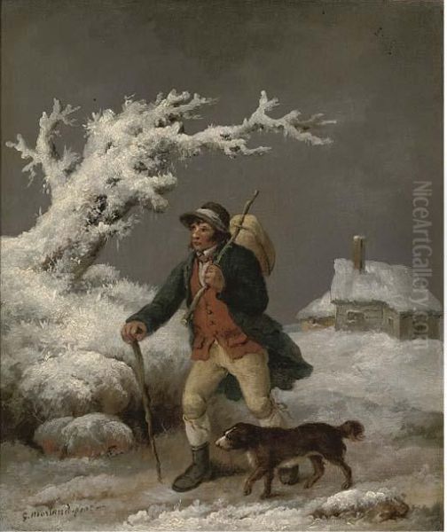 A Cottager And His Dog In A Winter Landscape Oil Painting by George Morland