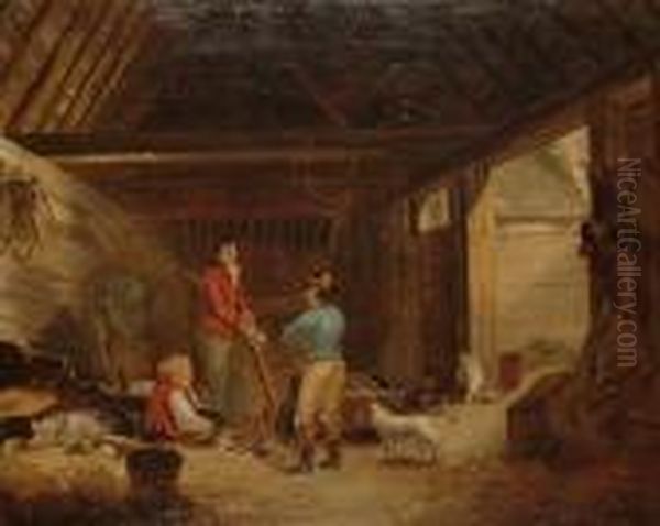 A Group Of Farm Labourers In A Barn Oil Painting by George Morland