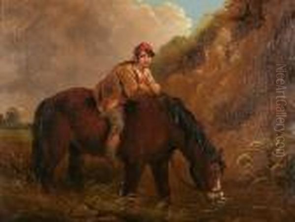 Young Boy On A Horse Before A Landscape Oil Painting by George Morland