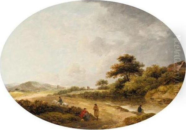 Rustics By A River In A Wooded Landscape Oil Painting by George Morland