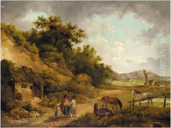 Peasants Talking Outside A Ruined Cottage In A Landscape By The Coast Oil Painting by George Morland