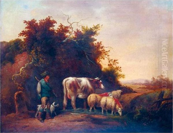 A Drover With Sheep And Cattle Watering In A Stream by George Morland