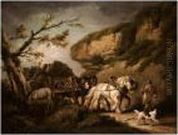 A Horse Drawn Cart Carrying Slate In A Landscape Oil Painting by George Morland