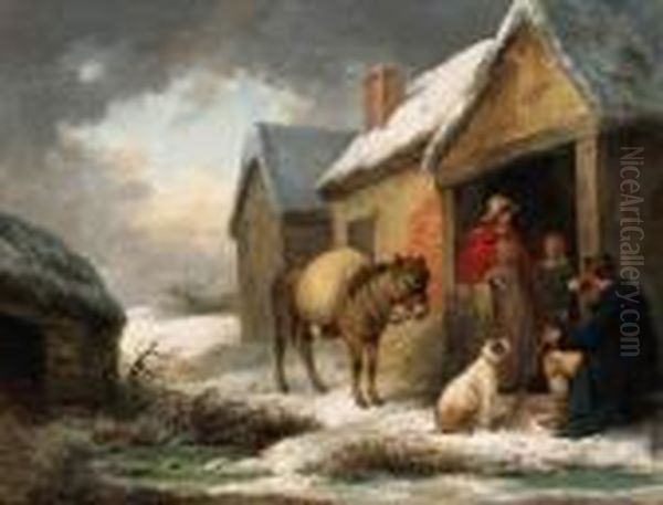 A Traveller Taking Refreshment Outside A Cottage In Winter Oil Painting by George Morland