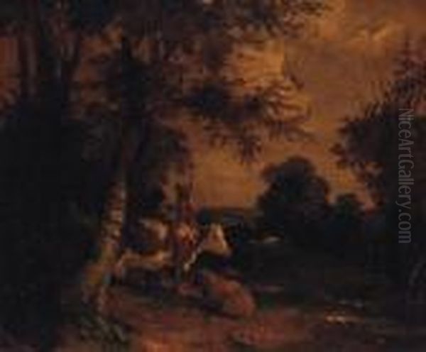 Figures With Cattle And Sheep In A Wooded Landscape Oil Painting by George Morland