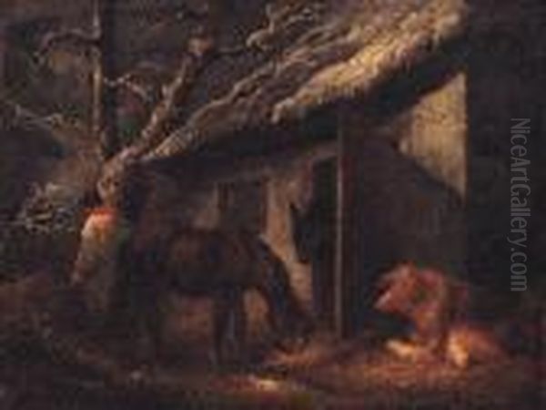 A Winter Stable Oil Painting by George Morland