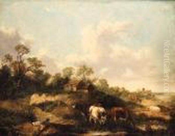 A Drover And Cattle Resting In A Wooded Landscape Oil Painting by George Morland