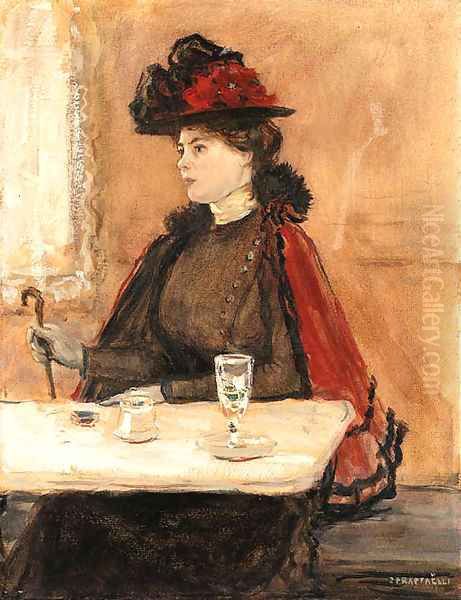 Jeune femme au cafe Oil Painting by Jean-Francois Raffaelli