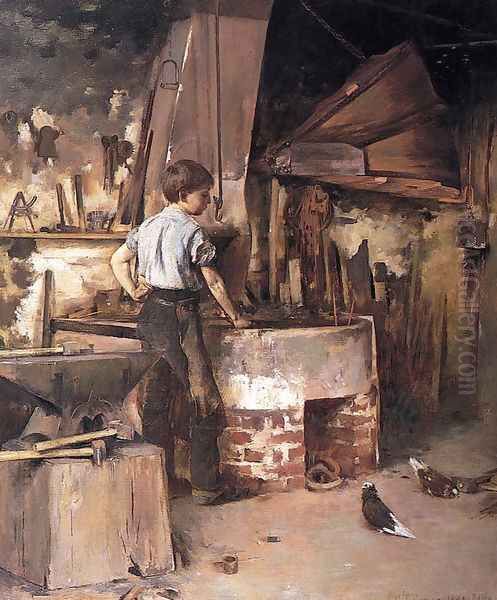 The Forge (or An Apprentice Blacksmith) Oil Painting by Theodore Robinson