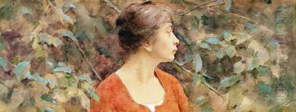 Lady In Red Oil Painting by Theodore Robinson