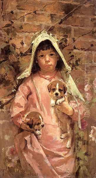 Girl with Puppies, 1881 Oil Painting by Theodore Robinson