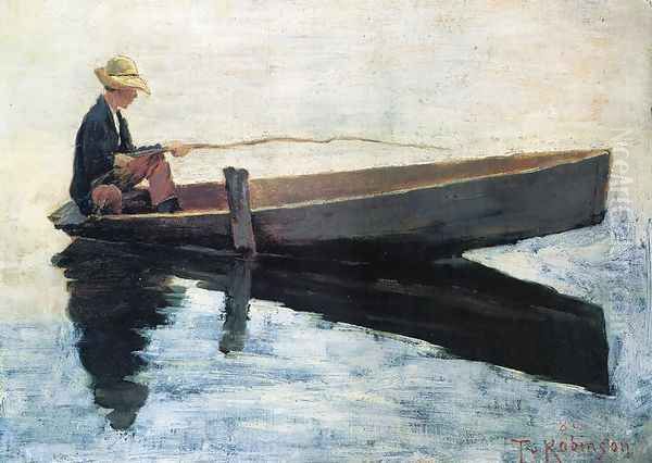 Boy in a Boat Fishing Oil Painting by Theodore Robinson