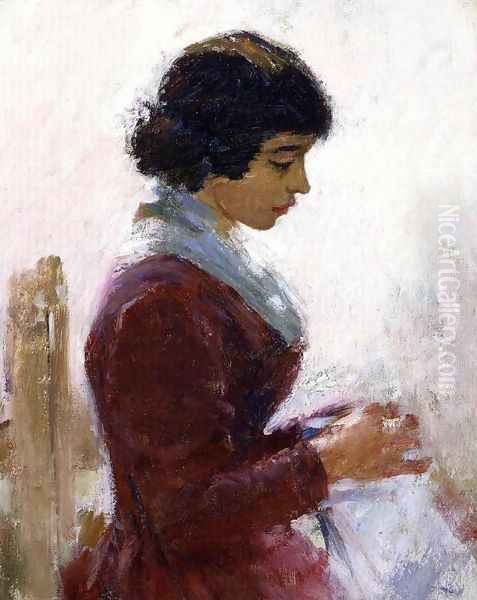 Girl In Red Sewing Oil Painting by Theodore Robinson