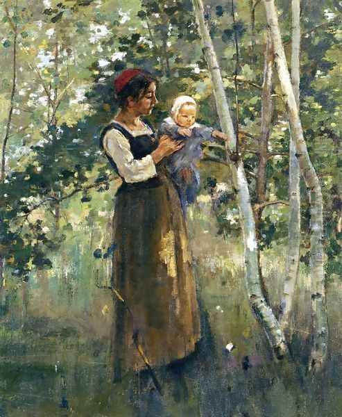 Mother And Child By The Hearth Oil Painting by Theodore Robinson