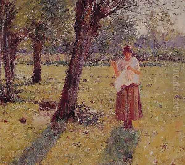 Girl Sewing Oil Painting by Theodore Robinson