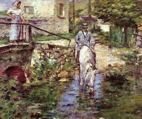 Pere Trognon And His Daughter At The Bridge Oil Painting by Theodore Robinson