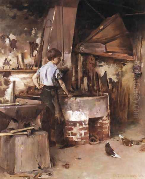 The Apprentice Blacksmith Oil Painting by Theodore Robinson