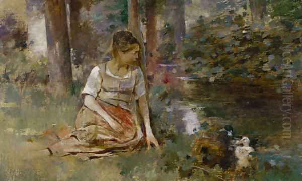 Femme au canard Oil Painting by Theodore Robinson