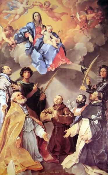 Enthroned Madonna and the Holy City of Bologna, St. Ignatius Loyola, St. Petronius, St. Proculus of Bologna, St. Fr Oil Painting by Guido Reni