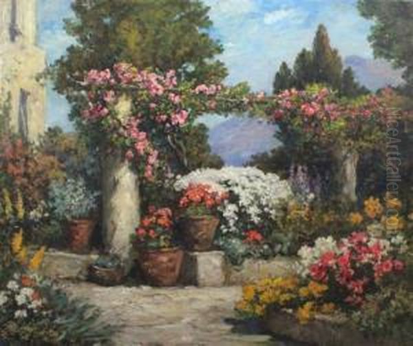 Flowers On A Terrace Oil Painting by Thomas E. Mostyn