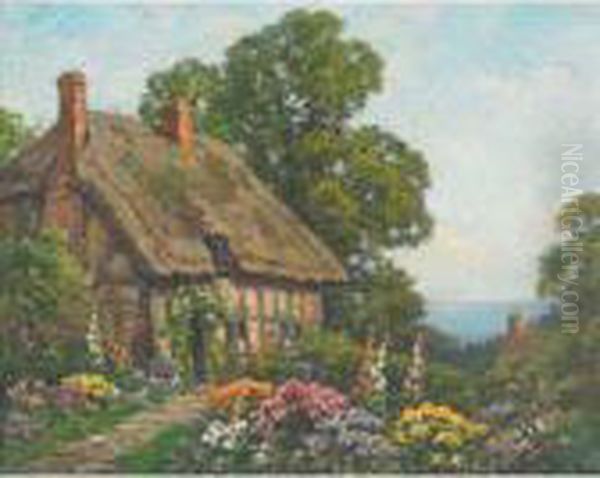 Thatched Tudor Seaside Cottage And Summer Garden Oil Painting by Thomas E. Mostyn